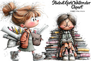 Student Girls Watercolor Clipart, a Seasonal Illustration by CreationArt (Thumbnail 1 of 5)