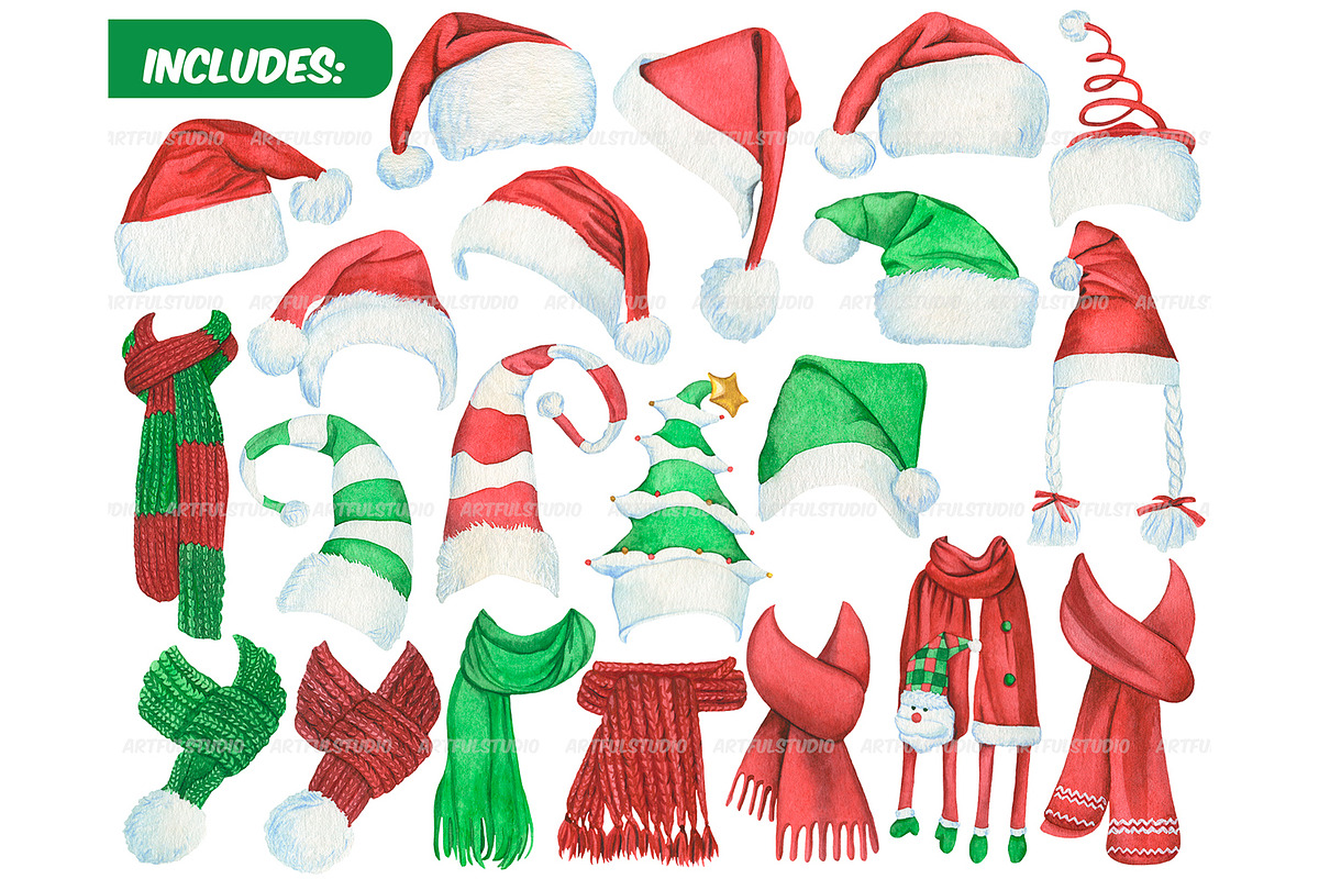 Watercolor Christmas hats and scarve, a Seasonal Illustration by ArtfulStudio (Photo 2 of 10)