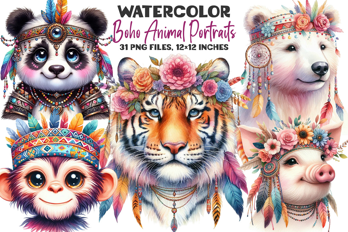 Boho Animal Portraits Watercolor, an Illustration by DreamArtGraphic (Photo 2 of 5)