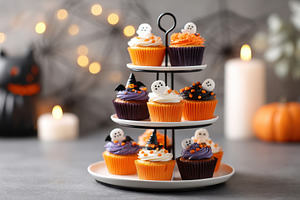 Festive cupcakes decorated for halloween holiday on cake stand, a Food & Drink Photo by AlyaAnd
