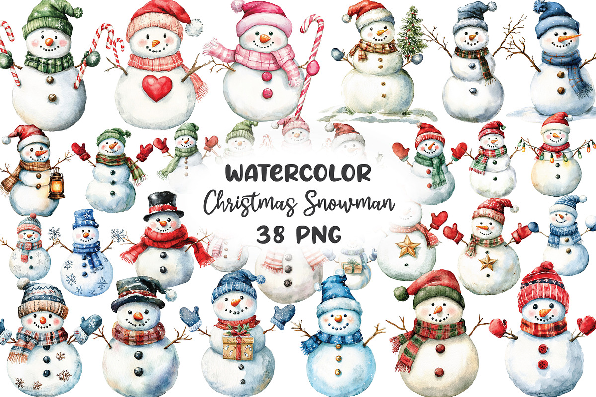 Watercolor Christmas Snowman Clipart, a Work Illustration by CraftArtStudio (Photo 1 of 6)