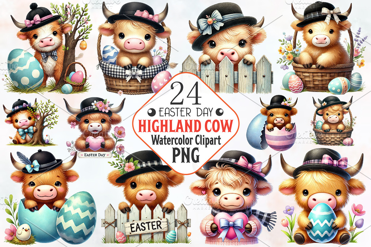 Easter Day Highland Cow Clipart, an Illustration by RobertsArt (Photo 1 of 7)