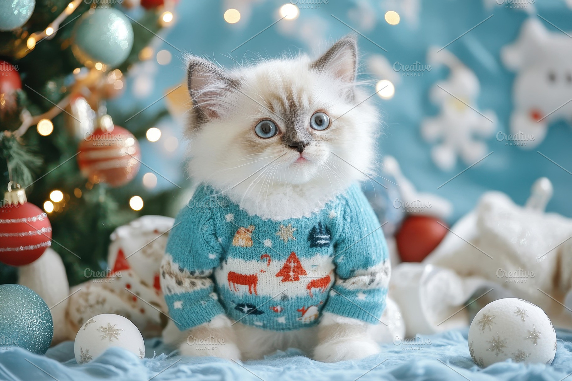 Cute kitten in a cozy sweater surrou, a Photo by Tanuart