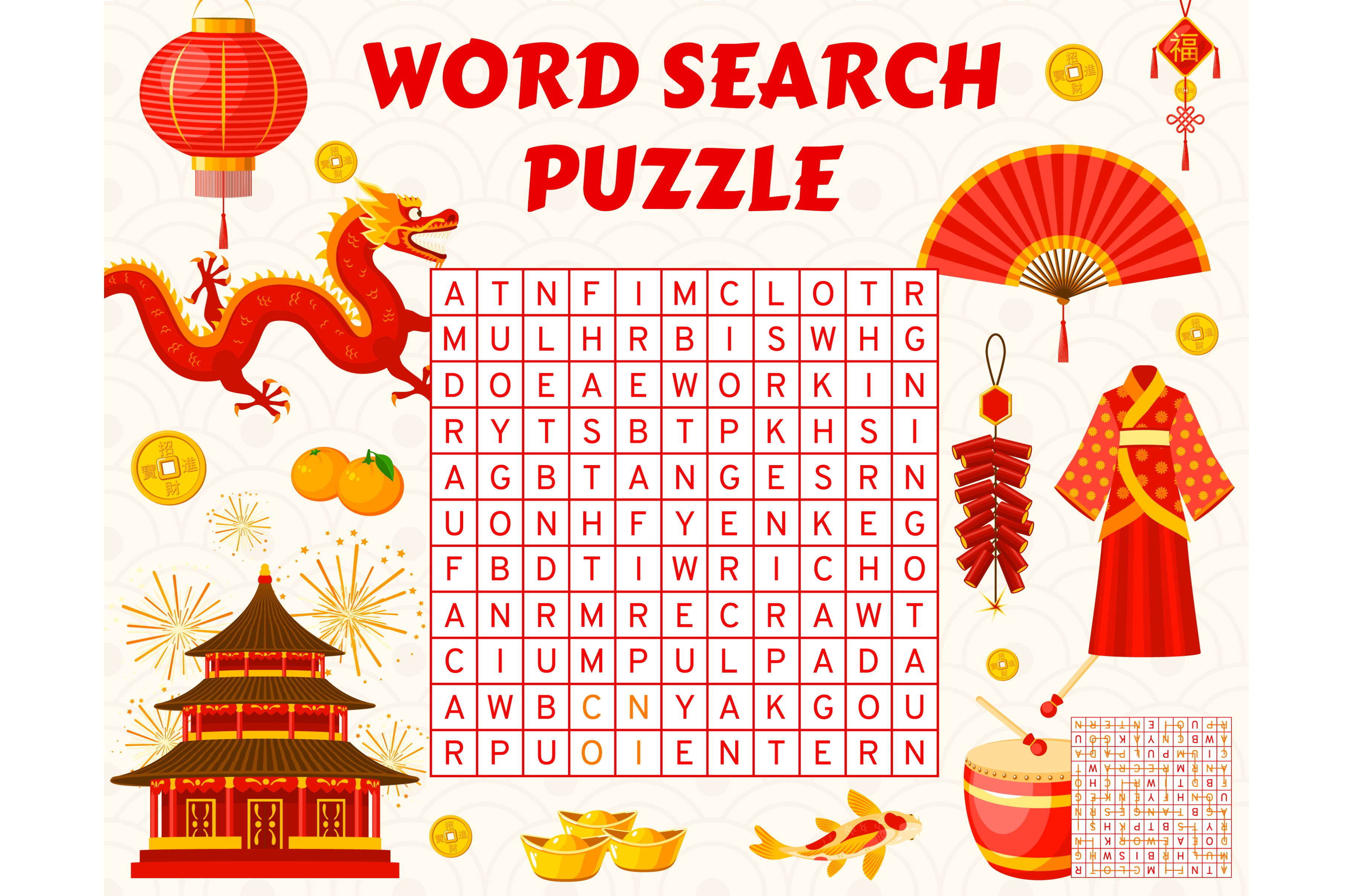 Chinese word search puzzle game, an Illustration by Vector Tradition