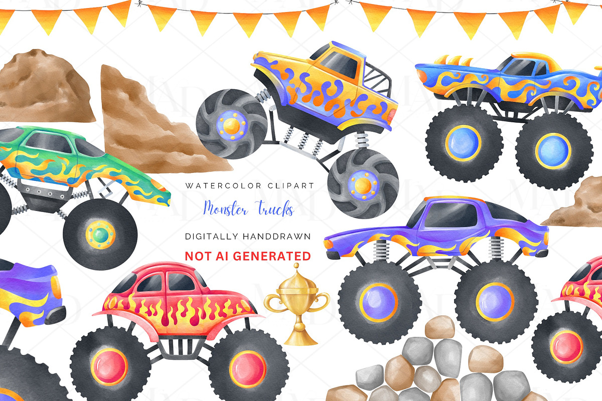 Watercolor Monster Truck Clipart Set, a Transportation Illustration by MiracleArtAndDesign (Photo 1 of 5)
