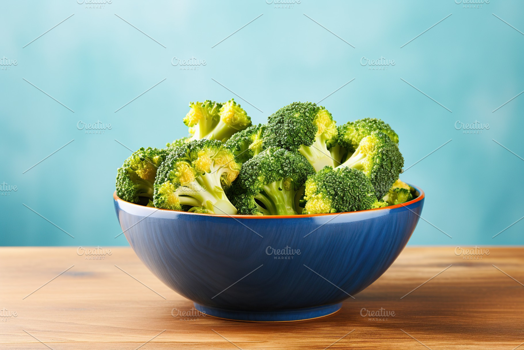 Green ripe broccoli in bowl on wooden background, a Food & Drink Photo by AlyaAnd