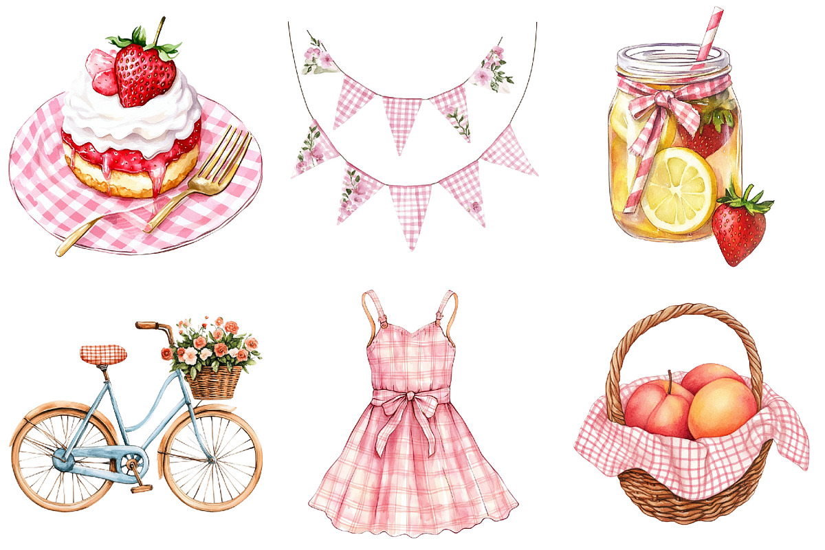 Bohemian Pink Gingham Summer Clipart, an Illustration by Watercolor design (Photo 4 of 5)