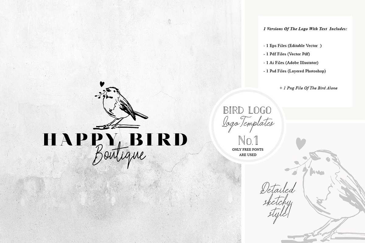 Bird Logo -Sketchy Artistic style 1, a Branding & Logo Template by Whimsical Logoshop (Photo 1 of 2)