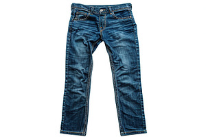 Blue stylish jeans trousers on white background, a Beauty & Fashion Photo by AlyaAnd