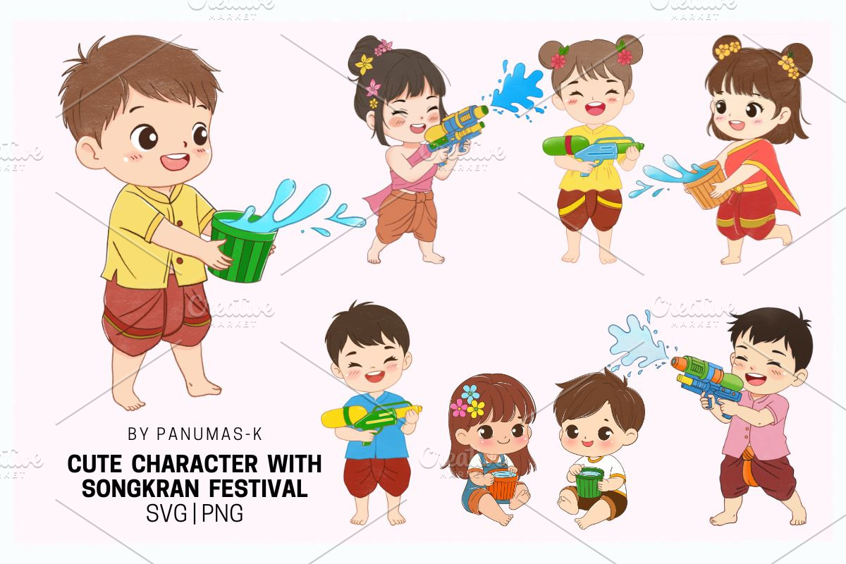 Cute Character with Songkran Festiva, an Illustration by PKshop (Photo 3 of 3)