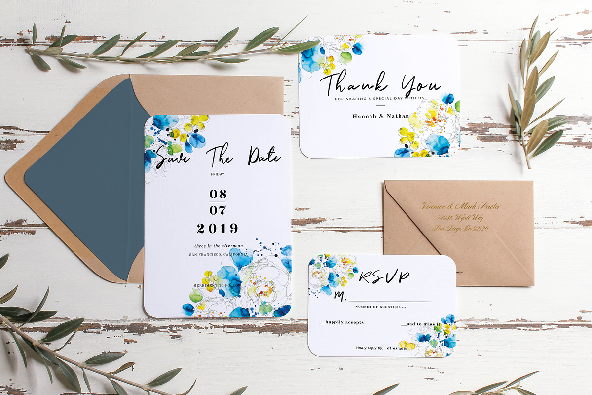 watercolor white flower wedding card, a Card Template by TurquoiseDesign (Photo 2 of 7)