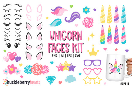 Unicorn Face Kit SVG and Clipart Set