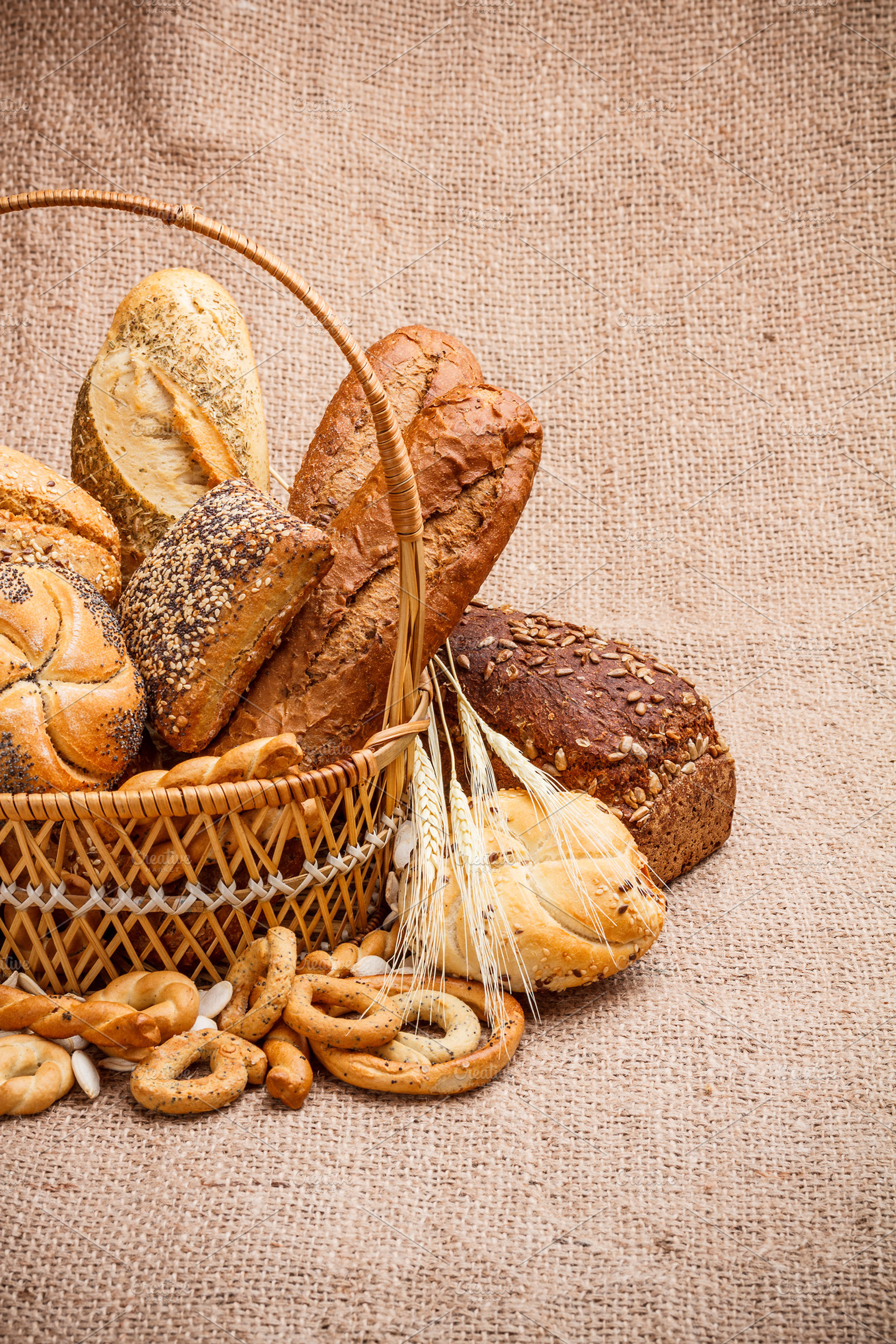 Various Breads In Basket Featuring Assorted Assortment And Baguette