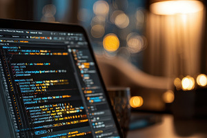 Laptop Coding Night City Lights, a Photo by Pixeness Studio