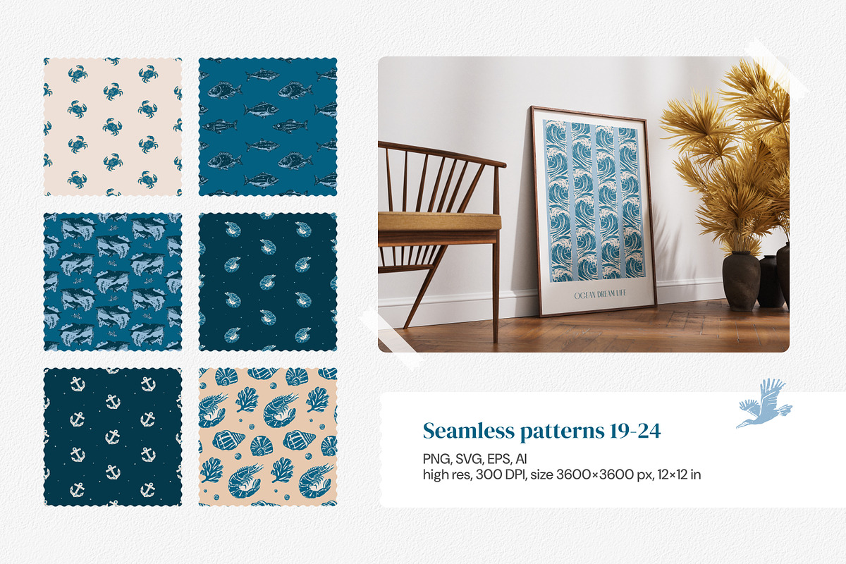 Ocean Life | Linocut collection, a Pattern Graphic by SappiStudio (Photo 9 of 21)