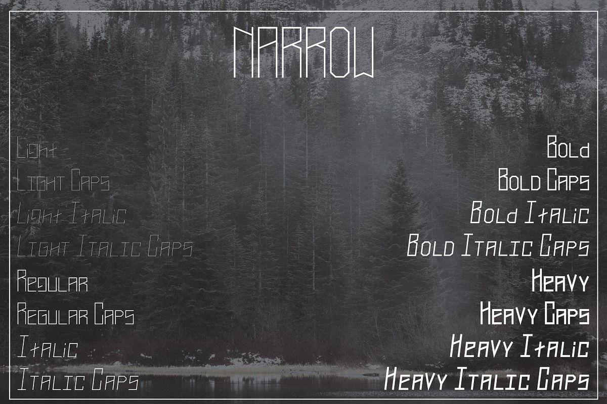 Narrow typeface, 4 weights + styles preview 2