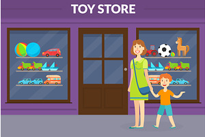 Toy Shop Store Front with Customers, a Person Illustration by TopVectors