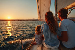 Family sailing at sunset golden hour, a Photo by Pixeness Studio