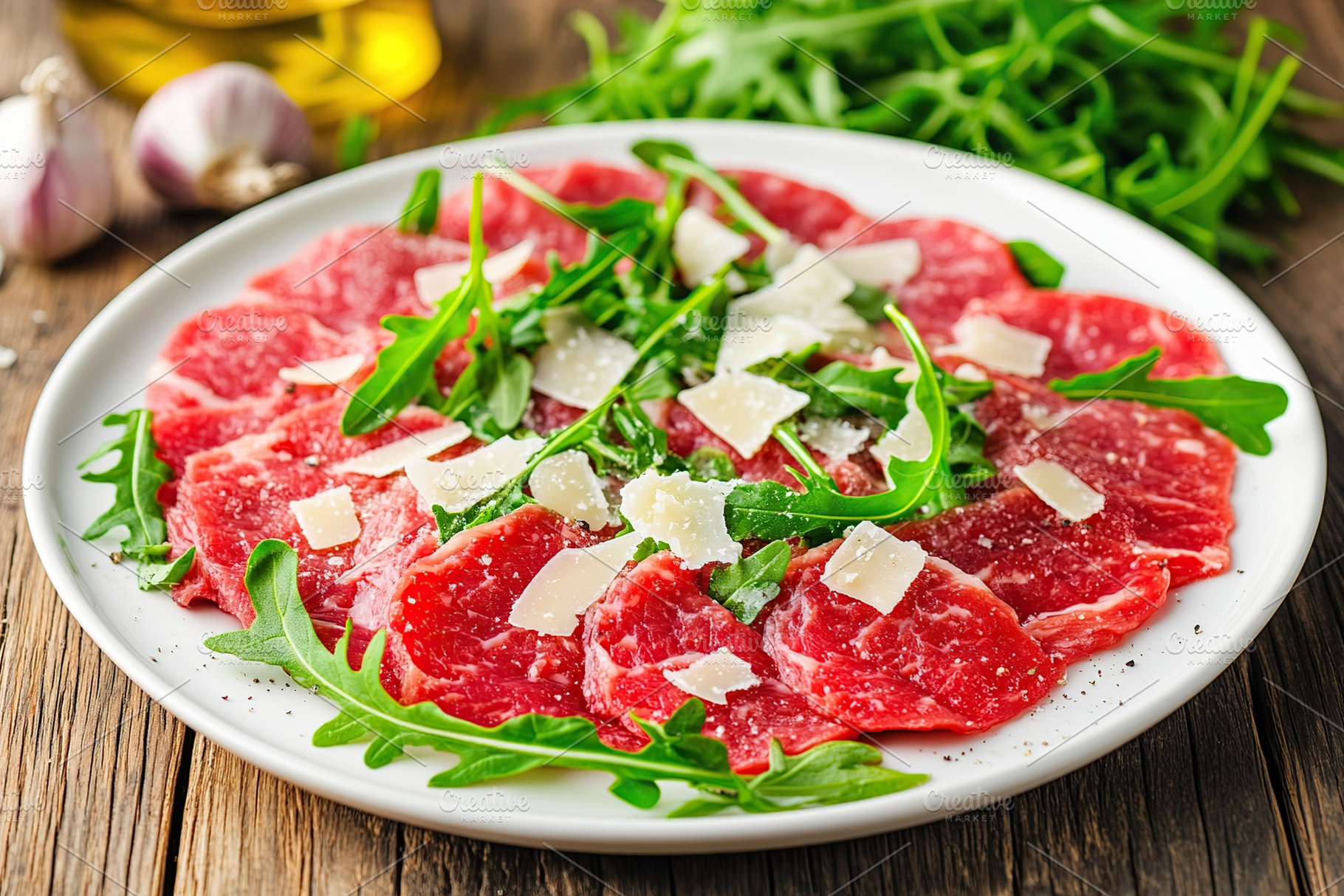 Beef carpaccio topped with fresh arugula and shaved cheese on a rustic wooden t, a Food & Drink Photo by AlyaAnd