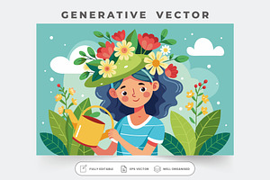 A girl happily waters flowers while, a Graphic by Iftikhar Alam
