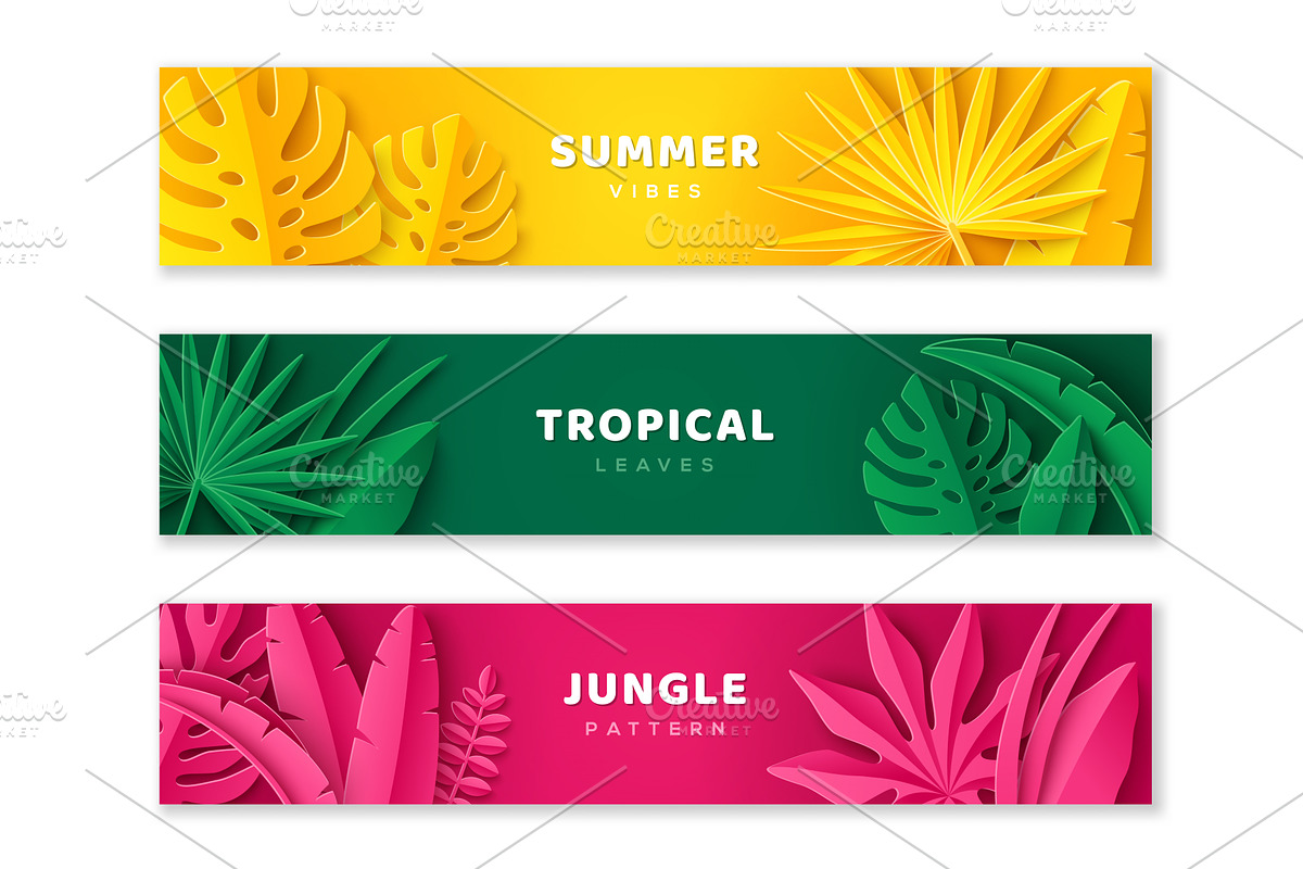 Tropic leaf banner set colorful, a Seasonal Illustration by kotoffei