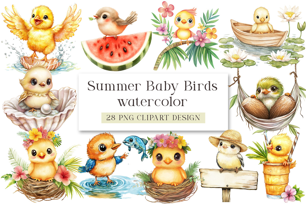 Summer Baby Birds Watercolor Clipart, an Animal Illustration by DreamArtGraphic (Photo 1 of 4)