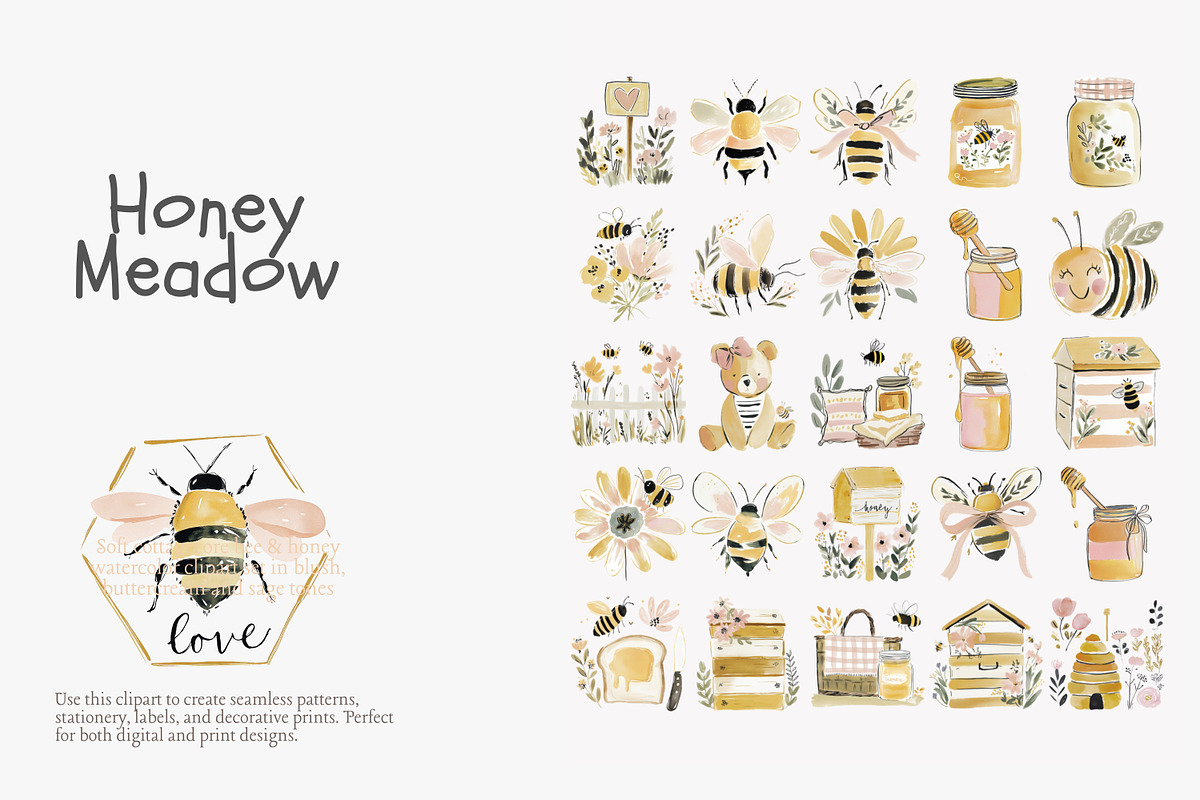 Honey meadow clipart bundle, a Decorative Illustration by Patishop Art (Photo 2 of 11)