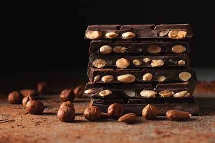 Dark and milk chocolate with nuts on a dark background sprinkled with cocoa pow, a Food & Drink Photo by Budarinphoto