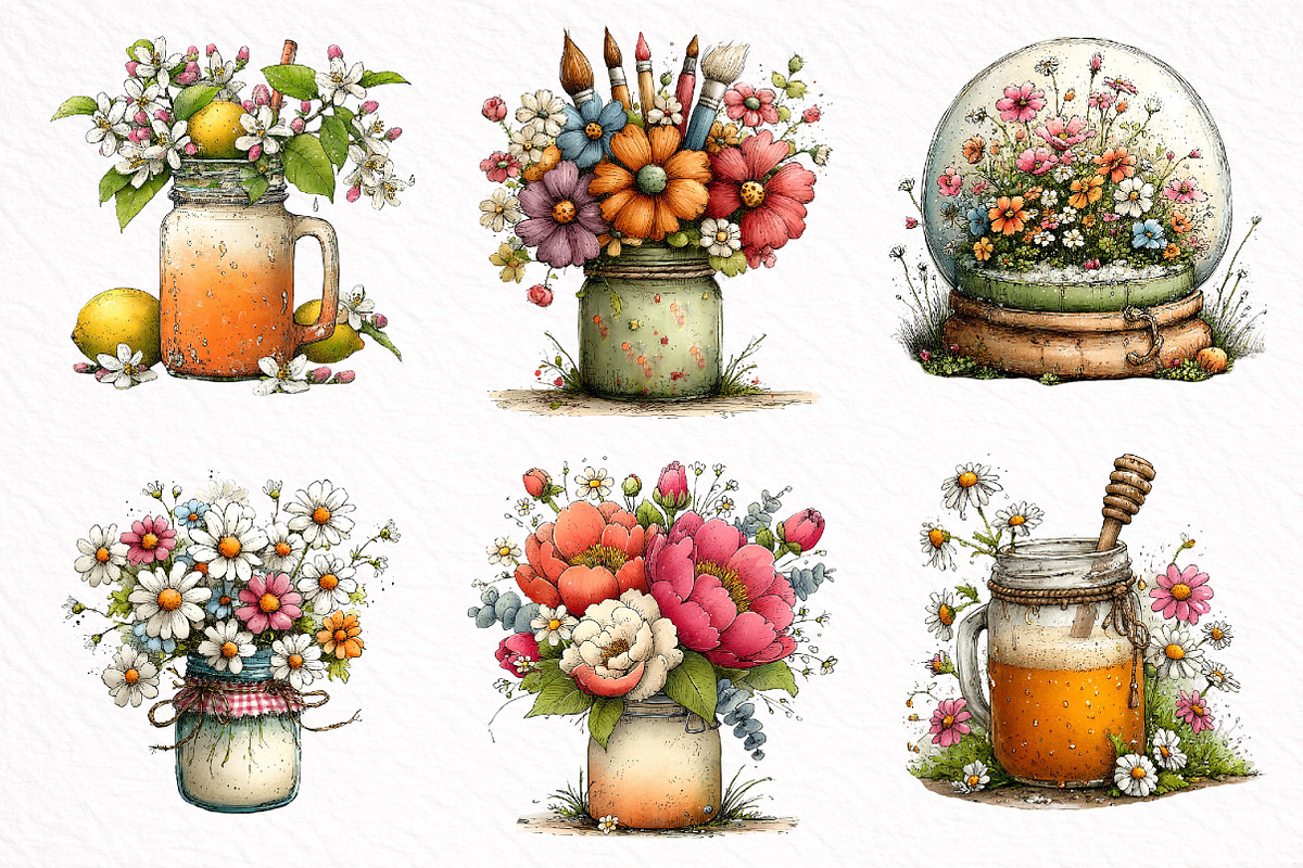 Watercolor Spring Mason Jar Clipart, an Illustration by DreamArtGraphic (Photo 3 of 8)