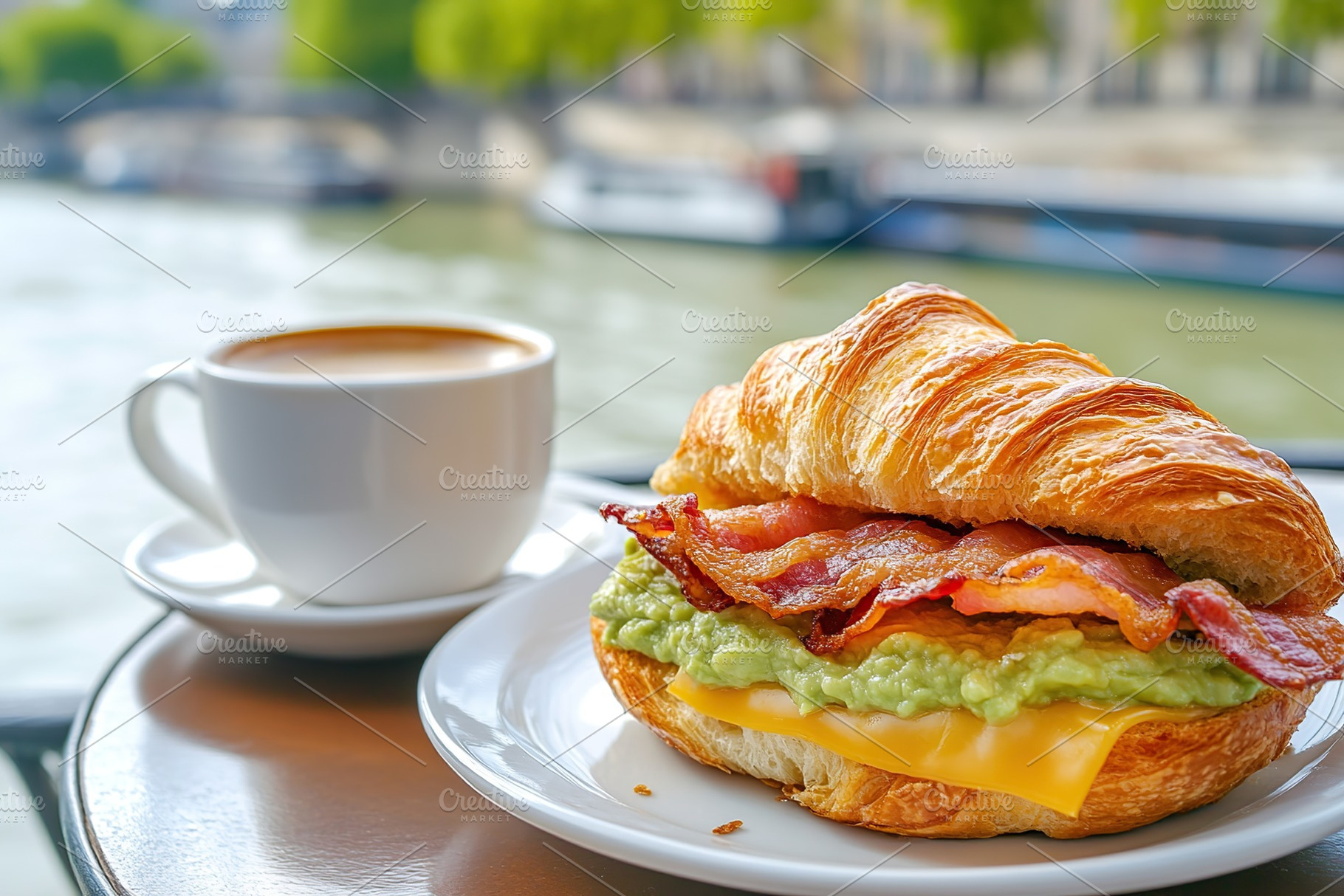 Croissant sandwich with meat, cheese, vegetables and white cup of coffee on woo, a Food & Drink Photo by AlyaAnd