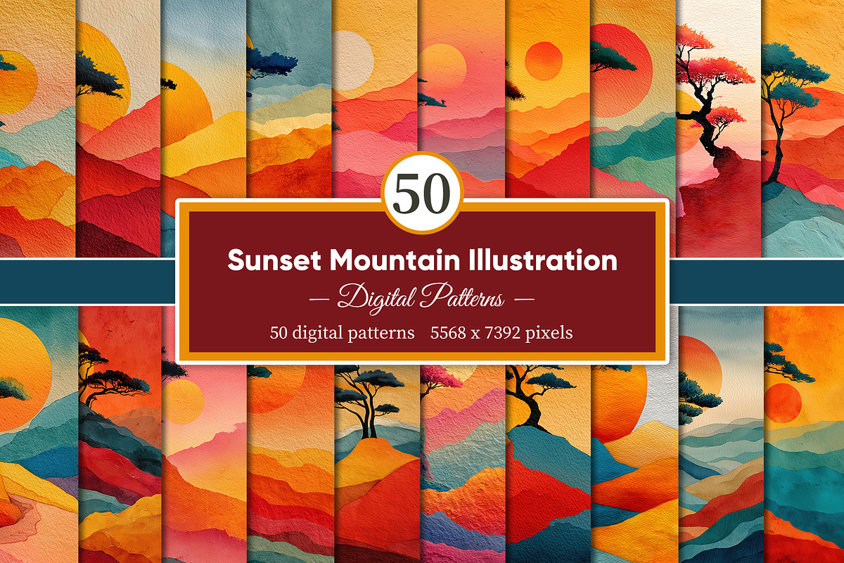 Sunset Mountain Illustration, a Decorative Illustration by Housui Patterns (Photo 1 of 12)
