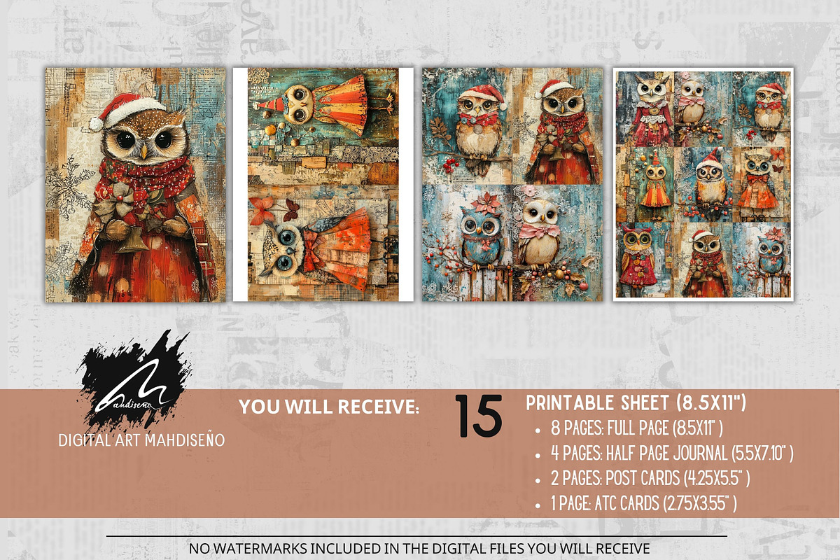 Cute Owl Xmas Junk Journal Pages, an Animal Illustration by Digital Art Mahdiseño (Photo 2 of 10)