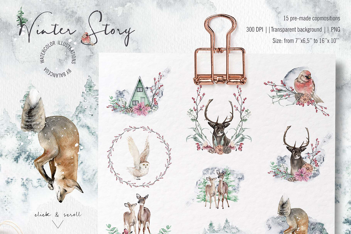 Winter Story Watercolor Clipart, an Animal Illustration by BalanceUA (Photo 2 of 13)