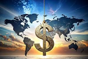 Money symbol formed by cracks suspended by a thin thread over a, a Finance Illustration by DanFLCreativo