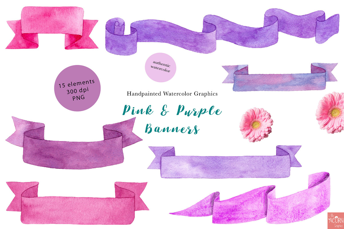 Pink Watercolor Banners, an Illustration by LittleAcornGraphics (Photo 3 of 4)