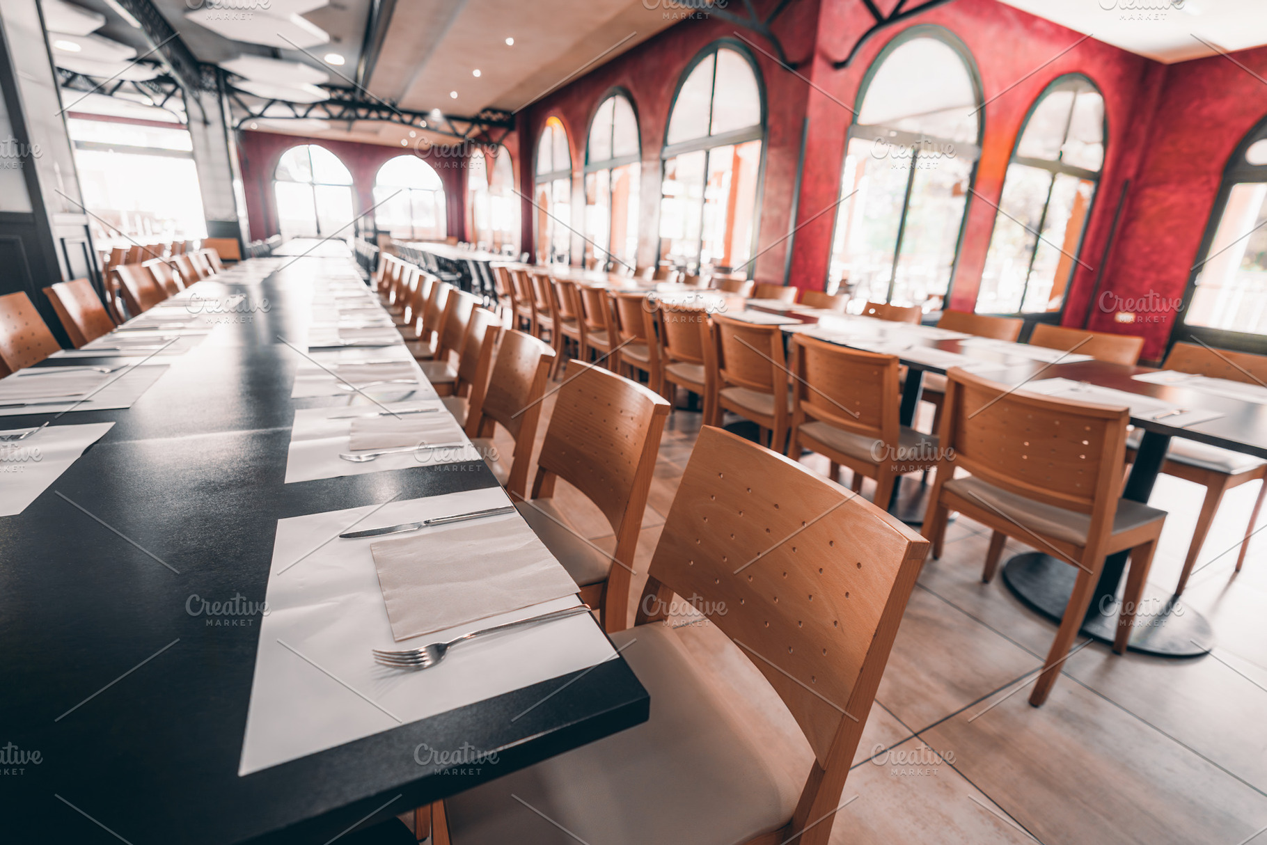 Modern dining room with long tables, a Food & Drink Photo by SkyNext