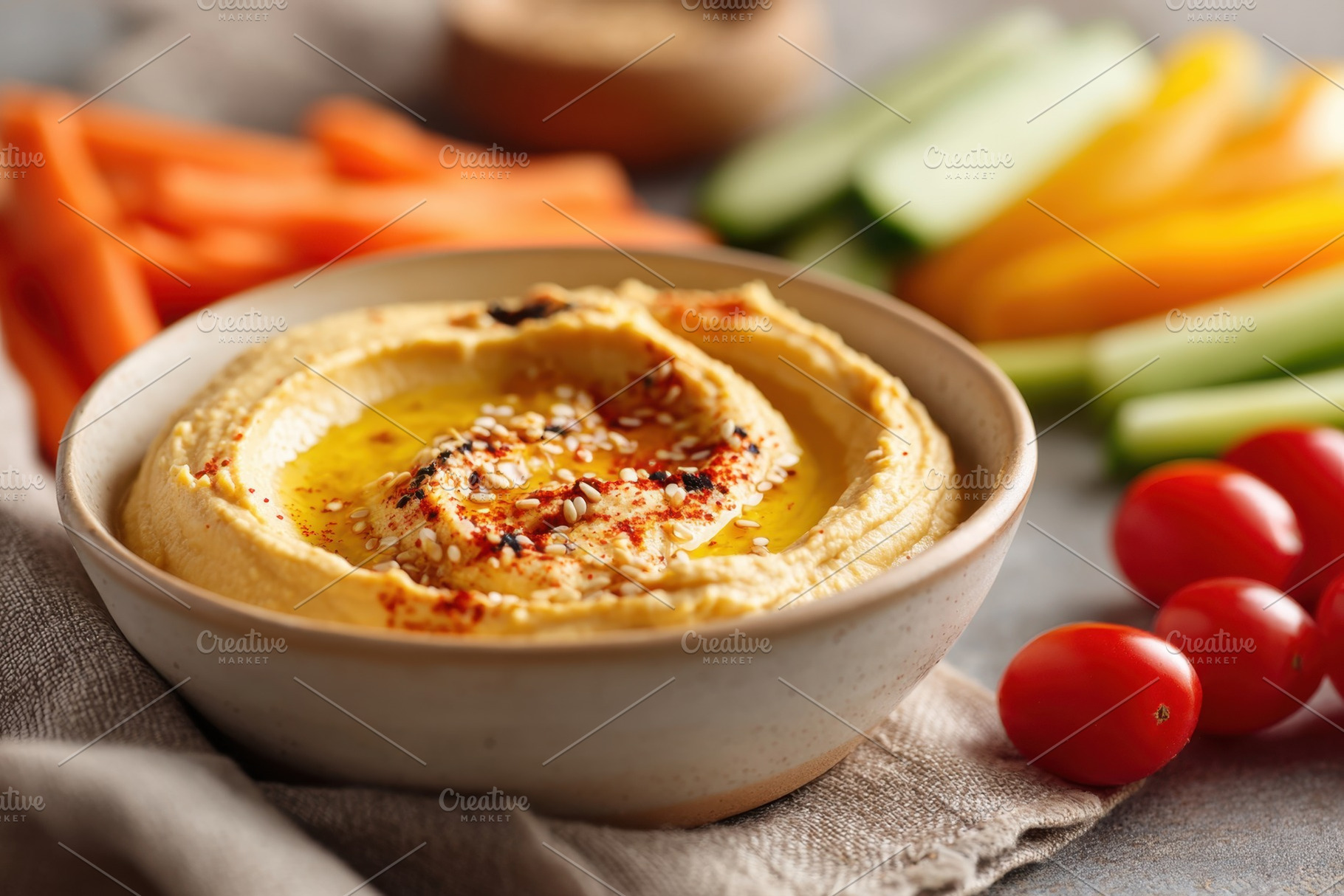 Bowl of hummus with fresh vegetables, a Food & Drink Photo by AlyaAnd
