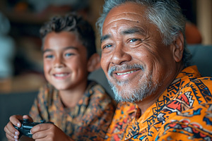 A joyful Hawaiian grandfather and his grandson engage in video g, a Person Photo by ImageMir