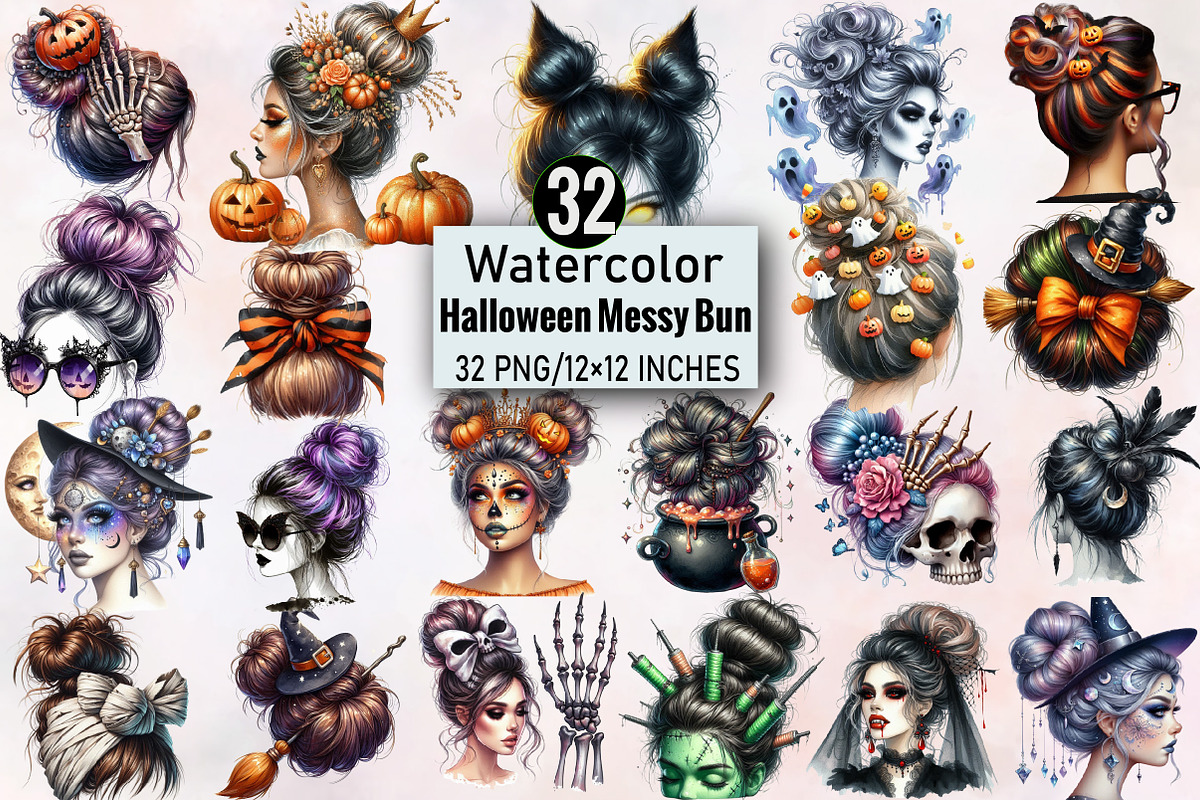 Watercolor Halloween Messy Bun Clipa, an Illustration by SVGArt (Photo 1 of 8)