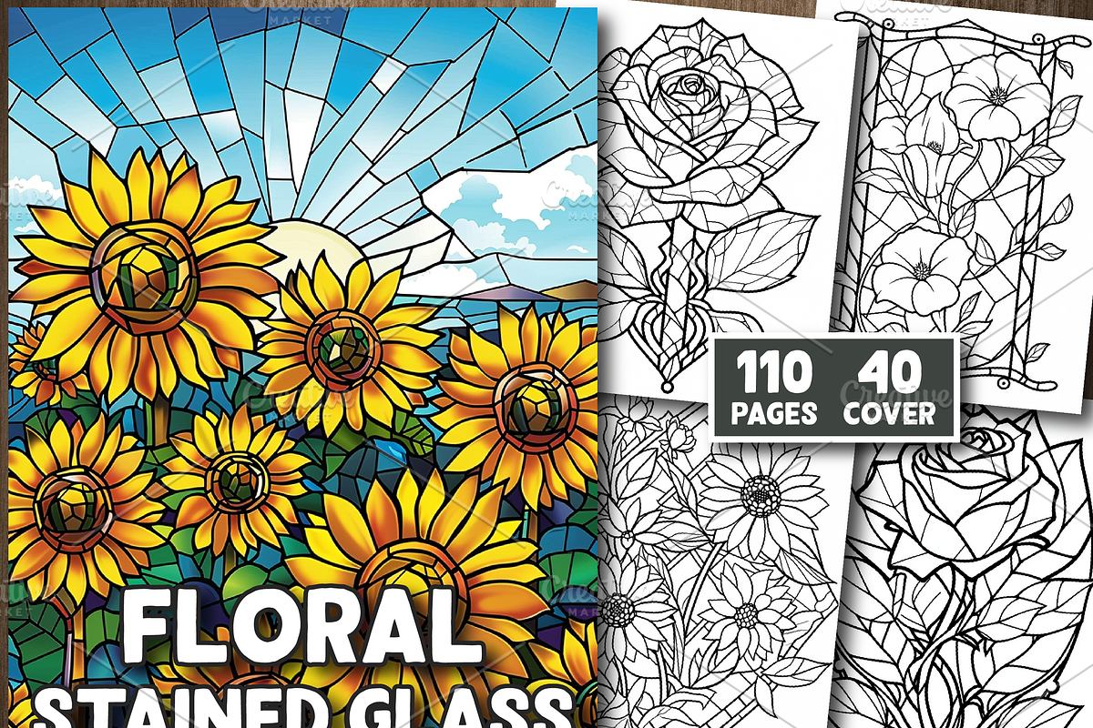 Floral Stained Glass Coloring Page, an Illustration by Design Station (Photo 1 of 5)