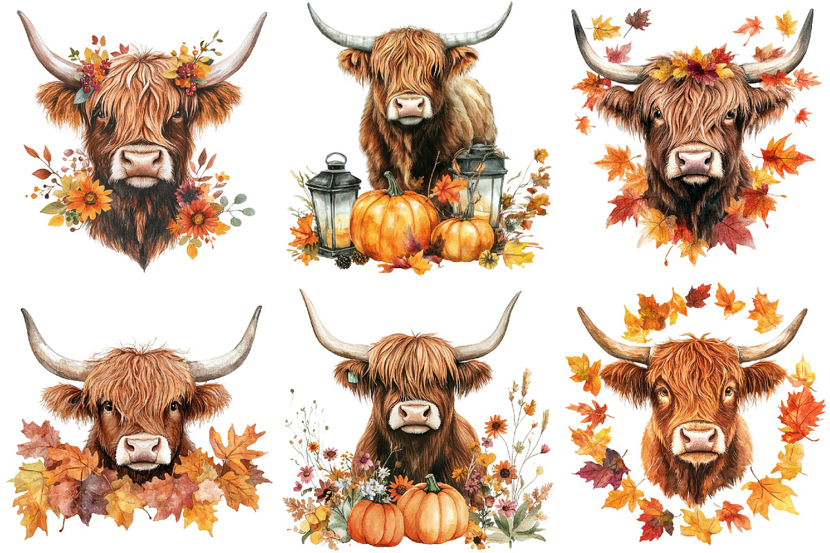 Watercolor Autumn Highland Cow, an Illustration by CitraGraphics (Photo 2 of 6)