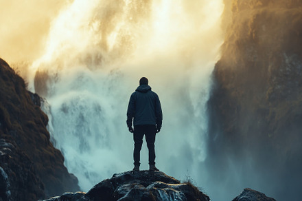 Man stands on rocks admiring powerfu, a Photo by Iftikhar Alam