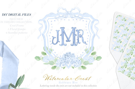 Blue Hydrangea Watercolor Crest, an Illustration by LABFcreations
