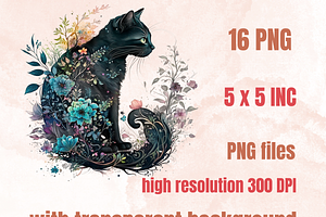 Watercolor Fantasy Black Cat Clipart