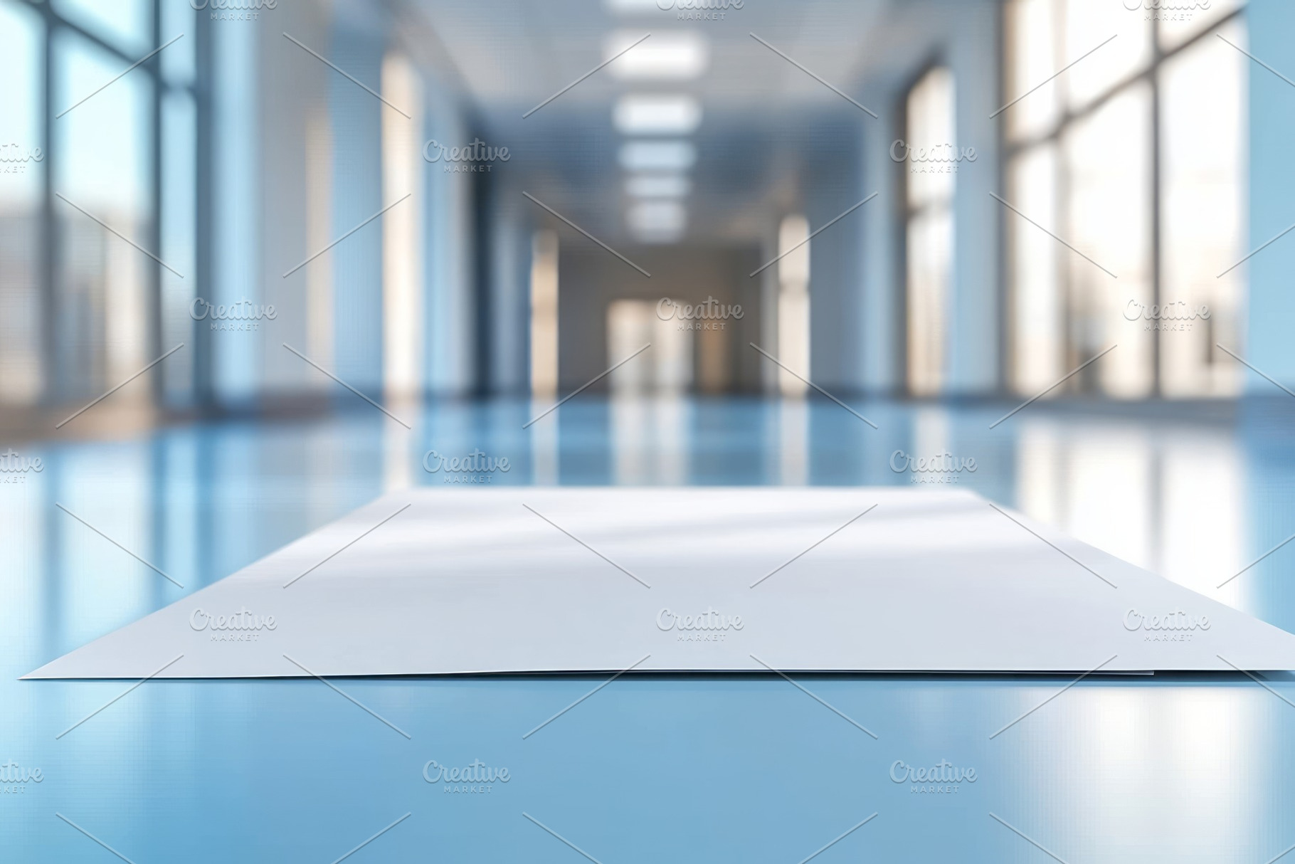 A blank sheet of paper lies on a polished floor in a bright, modern corridor, w, a Background Photo by ImageMir