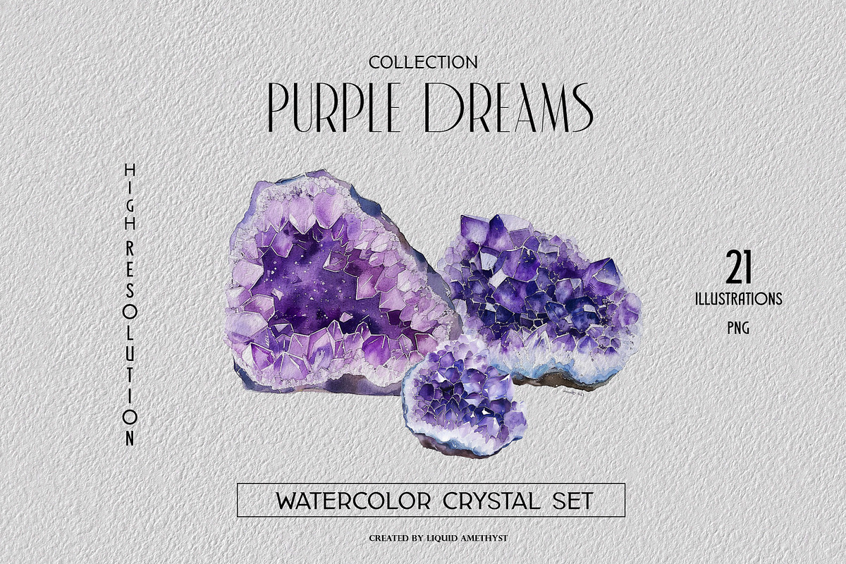 Purple Dreams Watercolor Geode Set, an Object Illustration by Liquid Amethyst Art (Photo 1 of 6)