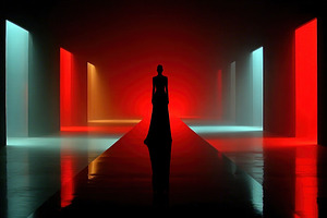 Silhouetted woman in elegant gown standing in futuristic corrido, an Abstract Photo by José Manuel Gelpi