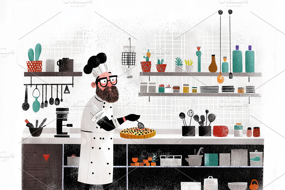 A tired male chef in a uniform, a Food Illustration by Sybillla