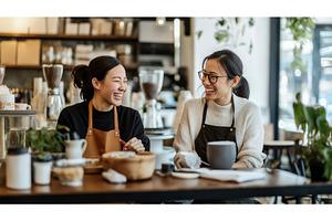 Two Asian female baristas enjoy a, a Person Photo by Sergey Kotenev
