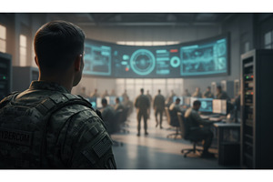 Cybercom officer standing in a high, a Technology Photo by Igor Tichonow
